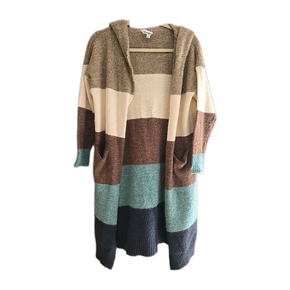 Davi & Dani Multicolor Colorblock Open Front Hoodie Long Sweater Womans Sz Small